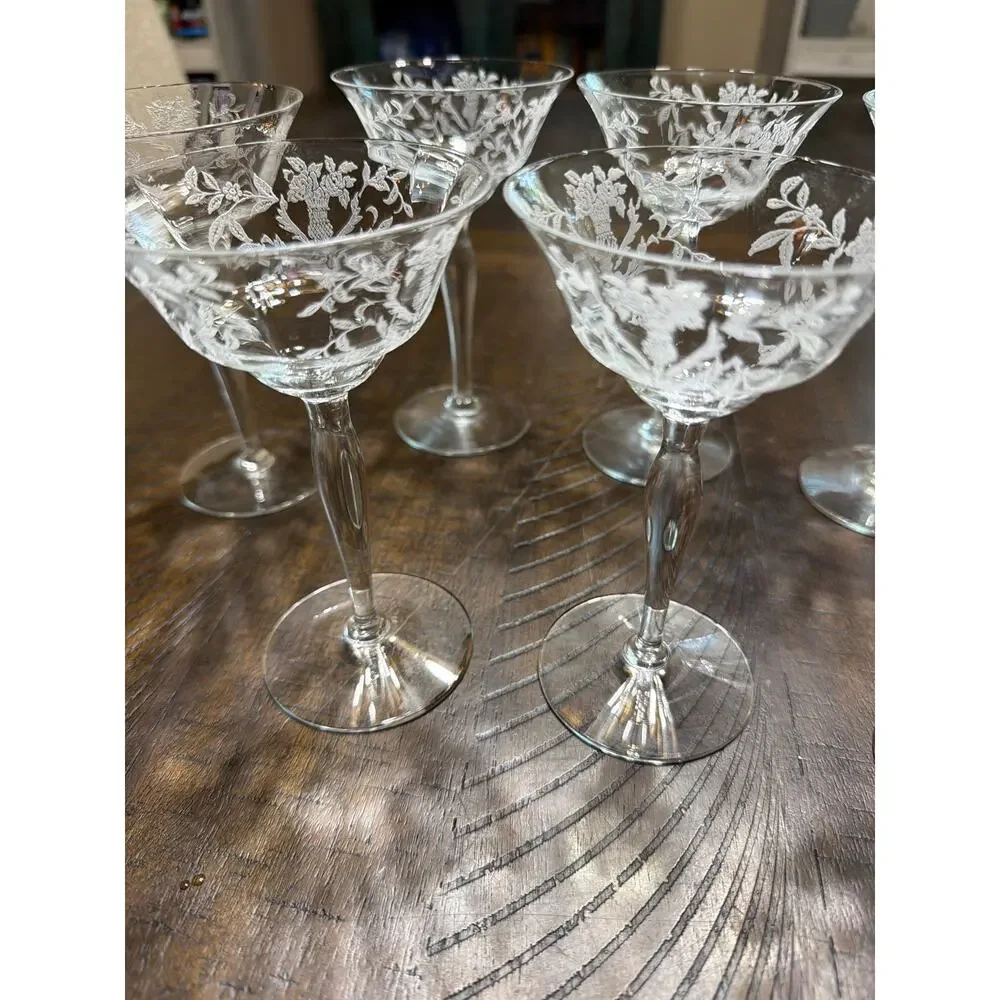 Vintage Etched Champagne Coupe Glasses Set of 7 Floral Wheat Stemware 5.75